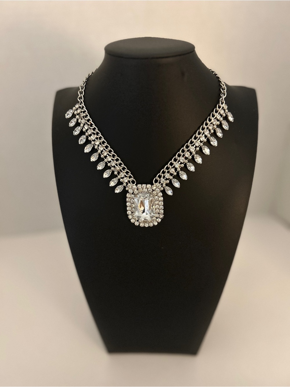 Vintage Style Silver Rhinestone Emerald Cut Fringe Statement Drop Necklace